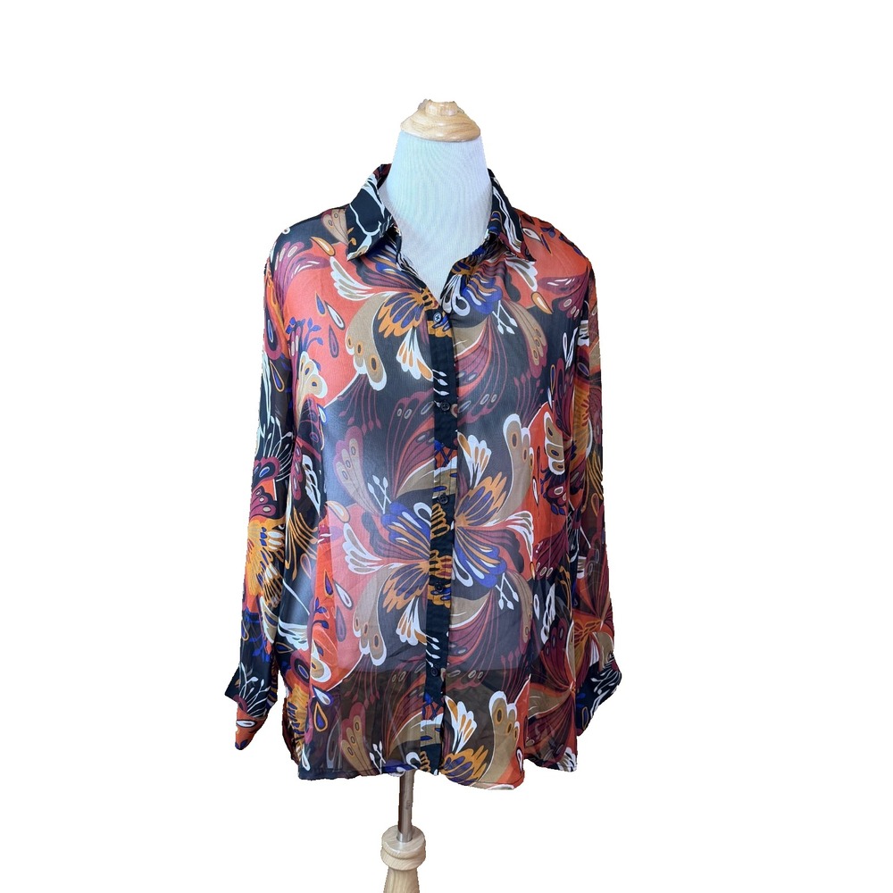 G Unit Fashion Paisley Sheer Fall Colored Buttom Up Blouse Size 1X